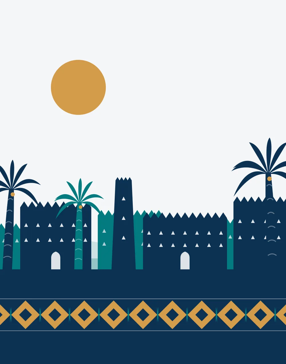 Illustration of a traditional Saudi town with palm trees and mud-brick towers under the sun
