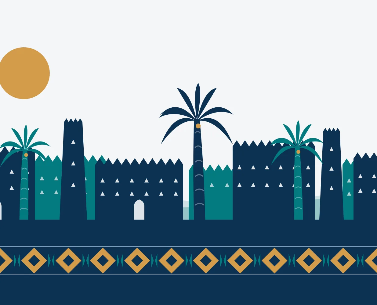 Wide illustration of traditional Saudi walls, palm trees and towers